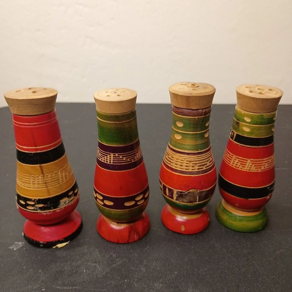 2 Sets VTG Hand-Painted Mexico Wooden Salt & Pepper Shakers Colorful 1958